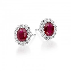 18ct White Gold Ruby & Diamond Oval Shape Cluster Earrings