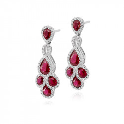 18ct White Gold Ruby & Diamond Fancy Cluster Drop Earrings