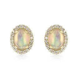 18ct Yellow Gold Oval Opal & Diamond Cluster Stud Earrings