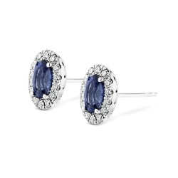 18ct White Gold Oval Sapphire & Diamond Cluster Design Stud Earrings