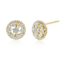 18ct Yellow Gold Brilliant & Marquise Diamond Halo Design Stud Earrings