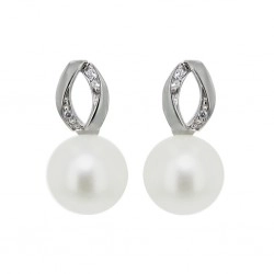 14ct White Gold Freshwater Pearl & Diamond Oval Stud Earrings