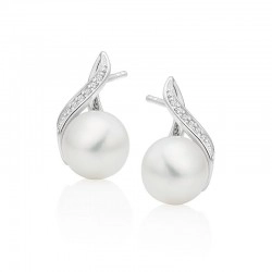 9ct White Gold Freshwater Pearl & Diamond Curve Earrings