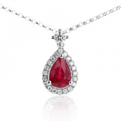 18ct White Gold Ruby & Diamond Tear Shaped Cluster Pendant - 16"