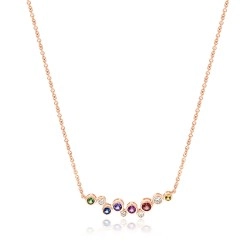 18ct Rose Gold Multi-Coloured Sapphire & Diamond Rub-Over Staggered Bar Necklace