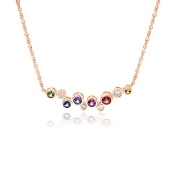18ct Rose Gold Multi-Coloured Sapphire & Diamond Rub-Over Staggered Bar Necklace close up