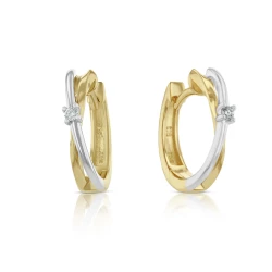 14ct Mixed Gold Diamond Crossover Hoop Earrings front and angle