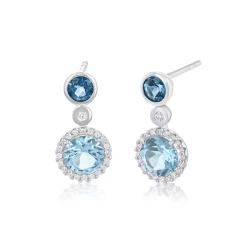 14ct White Gold Blue Topaz & Diamond Drop Earrings Front and Side