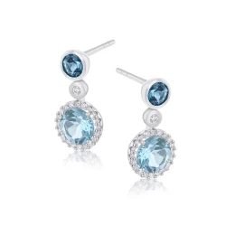 14ct White Gold Blue Topaz & Diamond Drop Earrings Side