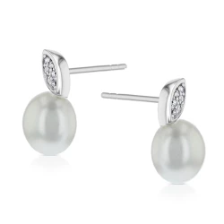 14ct White Gold Freshwater Pearl & Diamond Leaf Design Stud Earrings