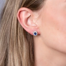 18ct Gold Oval Sapphire & Diamond Cluster Stud Earrings