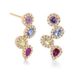 18ct Rose Gold Multi Coloured Sapphire & Diamond Staggered Earrings Angled View