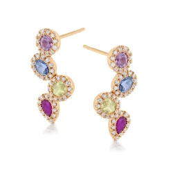 18ct Rose Gold Multi Coloured Sapphire & Diamond Staggered Earrings Side View