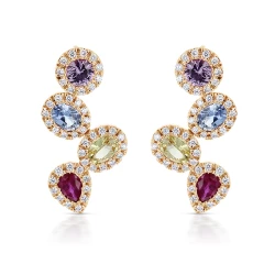 18ct Rose Gold Multi Coloured Sapphire & Diamond Staggered Earrings