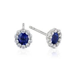 18ct White Gold 0.60ct Oval Sapphire & Diamond Earrings angled