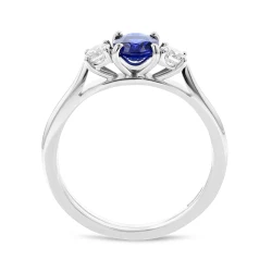 18ct White Gold 0.70ct Oval Cut Sapphire & Diamond Trilogy Ring upright