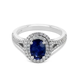 18ct White Gold 1.36ct Oval Sapphire & Double Halo Diamond Ring flat