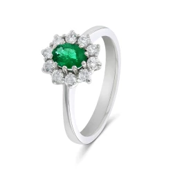18ct White Gold & 0.35ct Oval Emerald & Diamond Cluster Ring