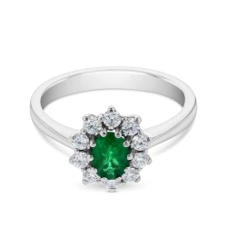 18ct White Gold & 0.35ct Oval Emerald & Diamond Cluster Ring upright