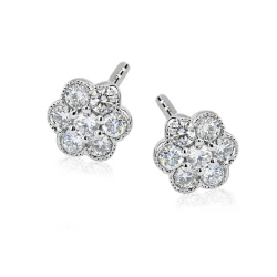 18ct White Gold & Diamond Milgrain Flower Style Cluster Earrings