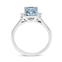 18ct White Gold Aquamarine & Baguette Diamond Three Stone Ring Upright View