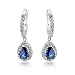 18ct White Gold Diamond Hoop & Pear Sapphire & Diamond Cluster Drop Earrings
