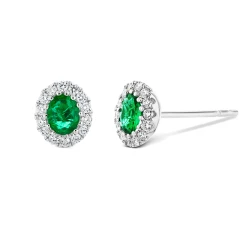 18ct White Gold Emerald & Diamond Oval Stud Earrings Side and Front View