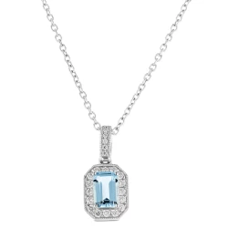 18ct White Gold Emerald Cut Aquamarine & Diamond Cluster Necklace