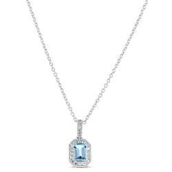 18ct White Gold Emerald Cut Aquamarine & Diamond Cluster Necklace