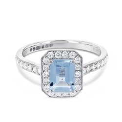 18ct White Gold Emerald Cut Aquamarine & Diamond Cluster Ring