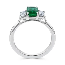 18ct White Gold Emerald Cut Emerald & Octagon Cut Diamond Three Stone Ring