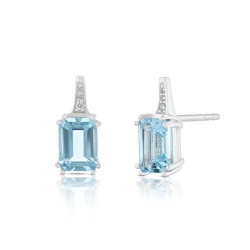 18ct White Gold Octagonal Blue Topaz & Diamond Earrings front and angle