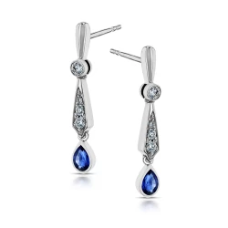 18ct White Gold Pear Cut Sapphire & Diamond Tapered Bar Drop Earrings