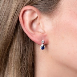 18ct White Gold Pear Sapphire & Diamond Cluster Design Drop Earrings