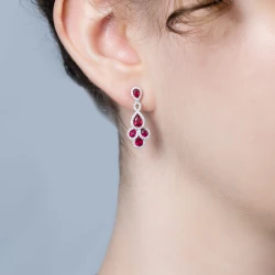 18ct White Gold Ruby & Diamond Fancy Cluster Drop Earrings