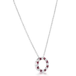 18ct White Gold Ruby & Diamond Open Circle Necklace Angled Side View