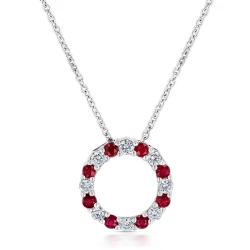 18ct White Gold Ruby & Diamond Open Circle Necklace Close Up