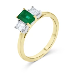 18ct Yellow & White Gold Emerald Cut Emerald & Diamond Three Stone Ring