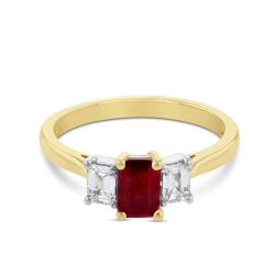 18ct Yellow Gold 0.73ct Emerald Cut Ruby & Diamond Trilogy Ring flat front