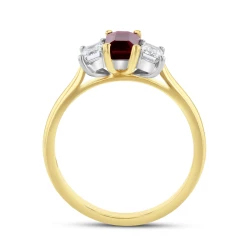 18ct Yellow Gold 0.73ct Emerald Cut Ruby & Diamond Trilogy Ring upright