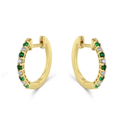 18ct Yellow Gold Emerald & Diamond Hoop Earrings Angled View