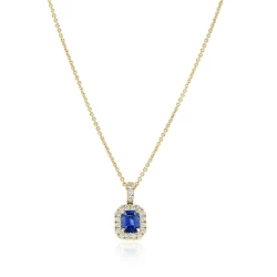 18ct Yellow Gold Emerald Cut 0.52ct Sapphire & Diamond Pendant Full Length