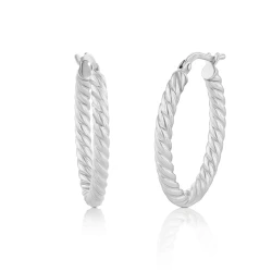 9ct White Gold 20mm Twisted Hoop Earrings front and angled view