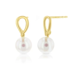9ct Yellow Gold Loop Pearl Earrings Front and Side