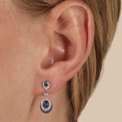 18ct Gold Sapphire, Diamond & Emerald Cluster Drop Earring on a model
