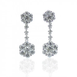 18ct White Gold & Diamond Double Cluster Drop Earrings - 1.59ct