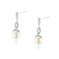 18ct White Gold Freshwater Pearl & Diamond Ribbon Top Earrings
