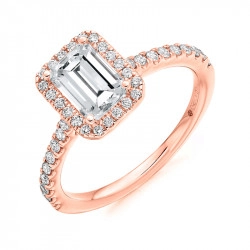 18ct Rose Gold Emerald Cut Halo Style Engagement Ring - 1.00ct
