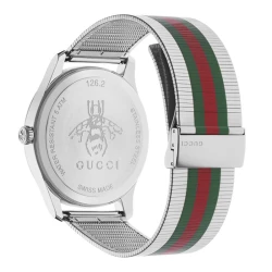 Gucci G-Timeless 42mm watch back casing and striped bracelet detail