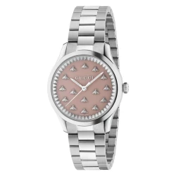 Gucci G-Timeless with Bees on a pink lacquered dial and steel bracelet
